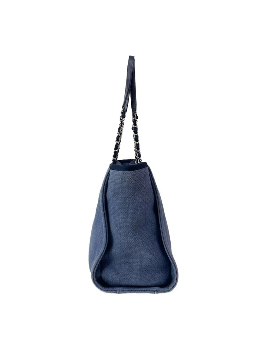 Chanel Tote Bag Deauville Line MM Blue Dark Navy Chain Shoulder Silver Leather